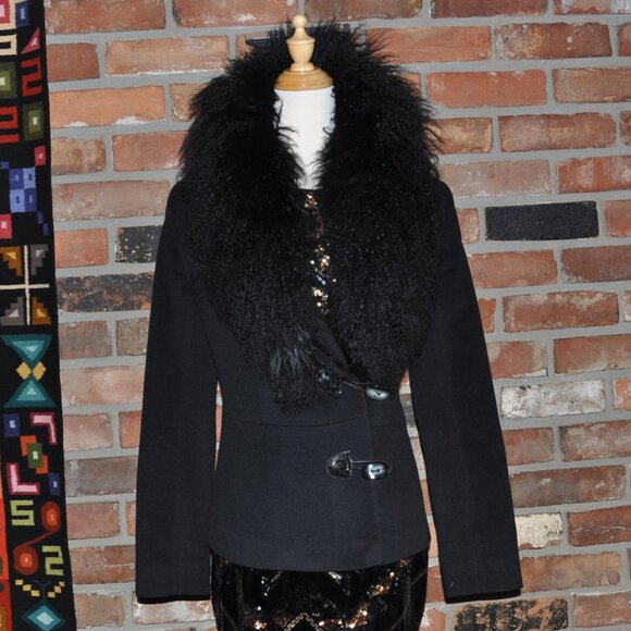 Mallia Makesima Angora Mongolian Lambs Wool Fur Collar Coat Jacket Black 4 - Picture 7 of 12